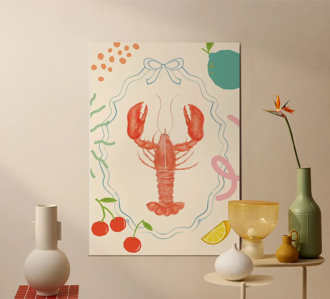 Retro Kreeft, Voedsel Kunstdruk, Kustdecor poster met aluminium frame van dawnthesea