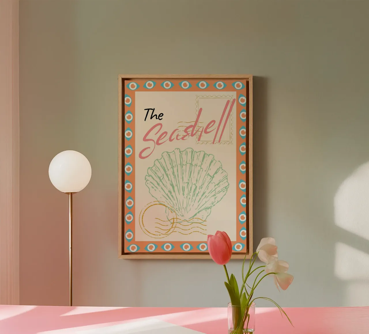 De Zeeschelp, Vintage ansichtkaart, Kustkunst canvas met Baklijst van dawnthesea