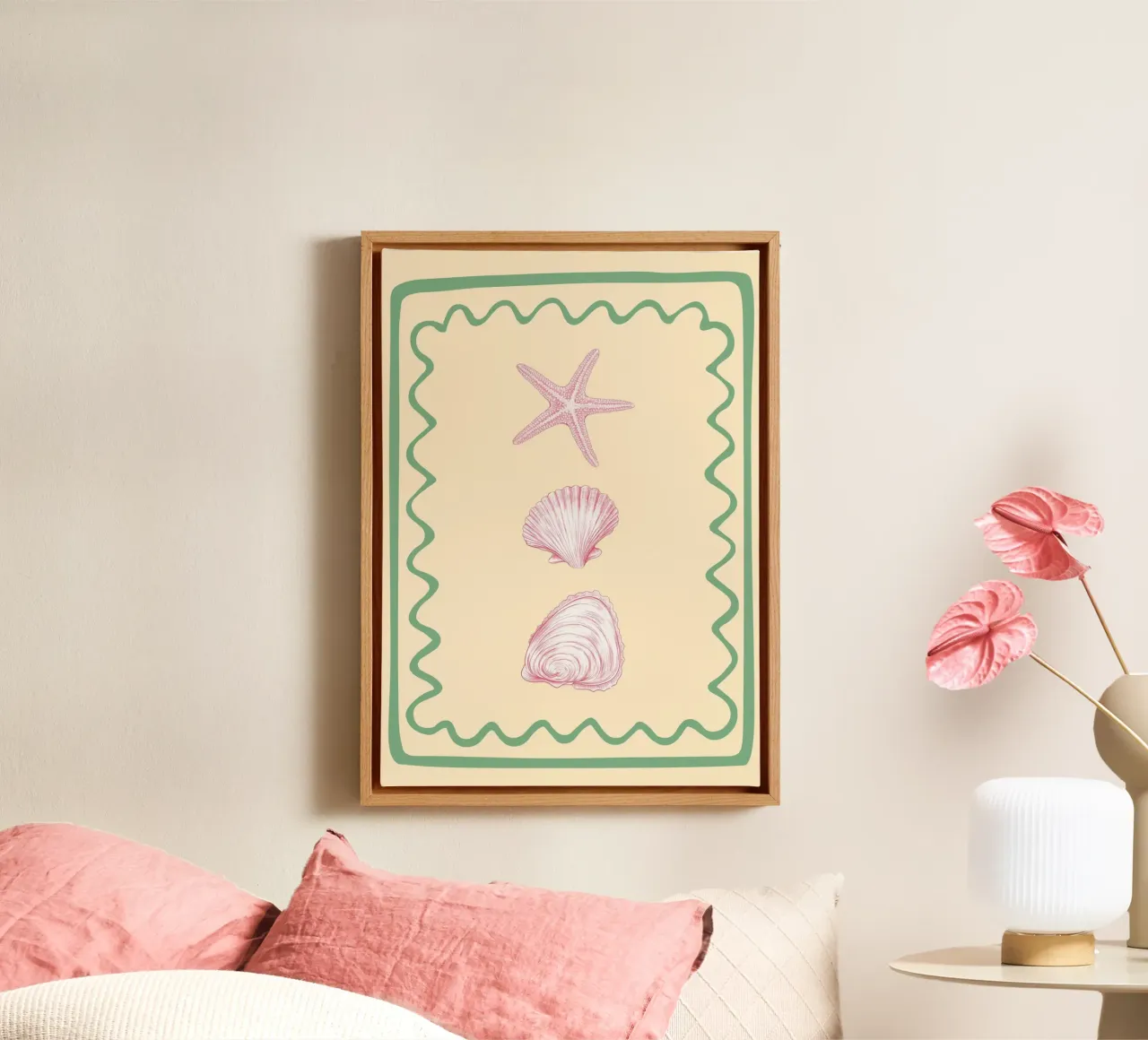 Zeeschelp en zeesterren, minimalistische kustkunst canvas met Baklijst van dawnthesea