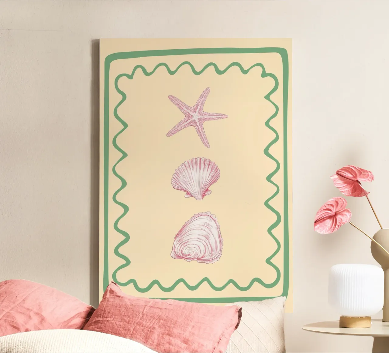 Zeeschelp en zeesterren, minimalistische kustkunst canvas met Baklijst van dawnthesea