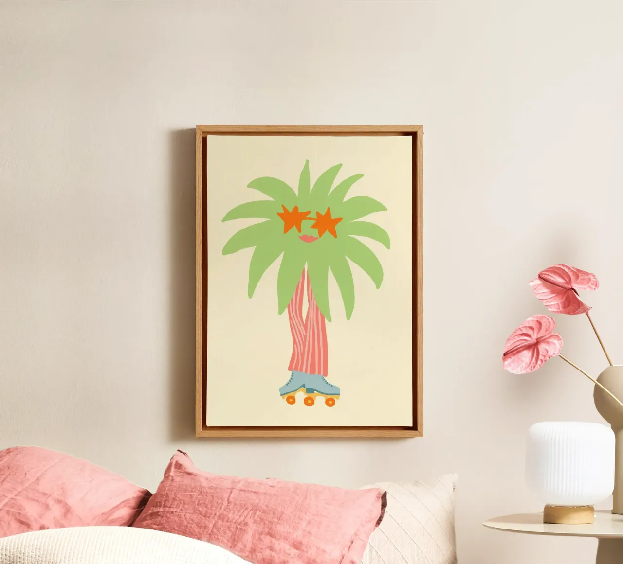 Roller Skate Palm Tree, Quirky Fun Art Leinwand mit Schattenfugenrahmen von dawnthesea