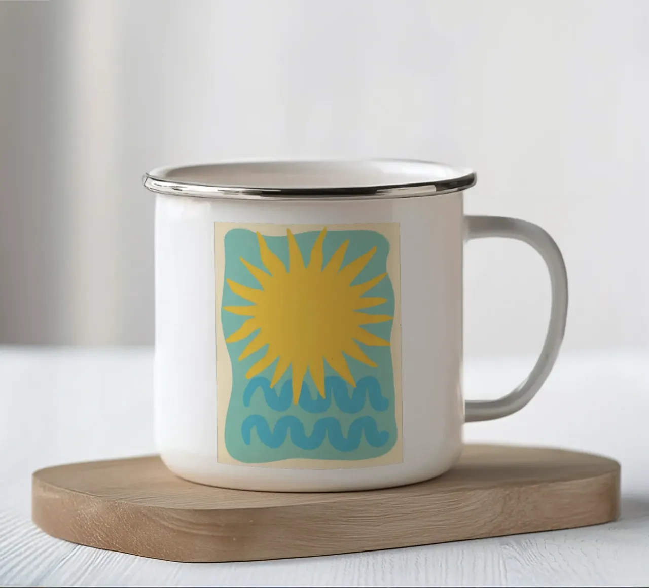 Zon en zee, abstracte zomerkunstdruk emaille mok van dawnthesea