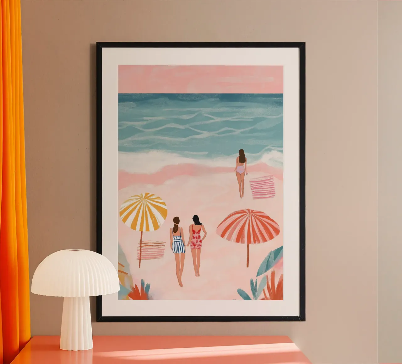 Scena retrò sulla spiaggia, sabbia rosa, arte estiva poster con telaio in plastica da dawnthesea