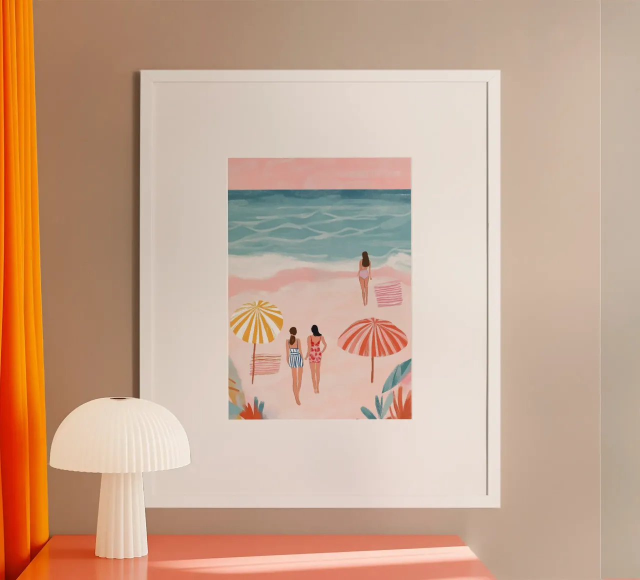 Scena retrò sulla spiaggia, sabbia rosa, arte estiva poster con telaio in plastica da dawnthesea