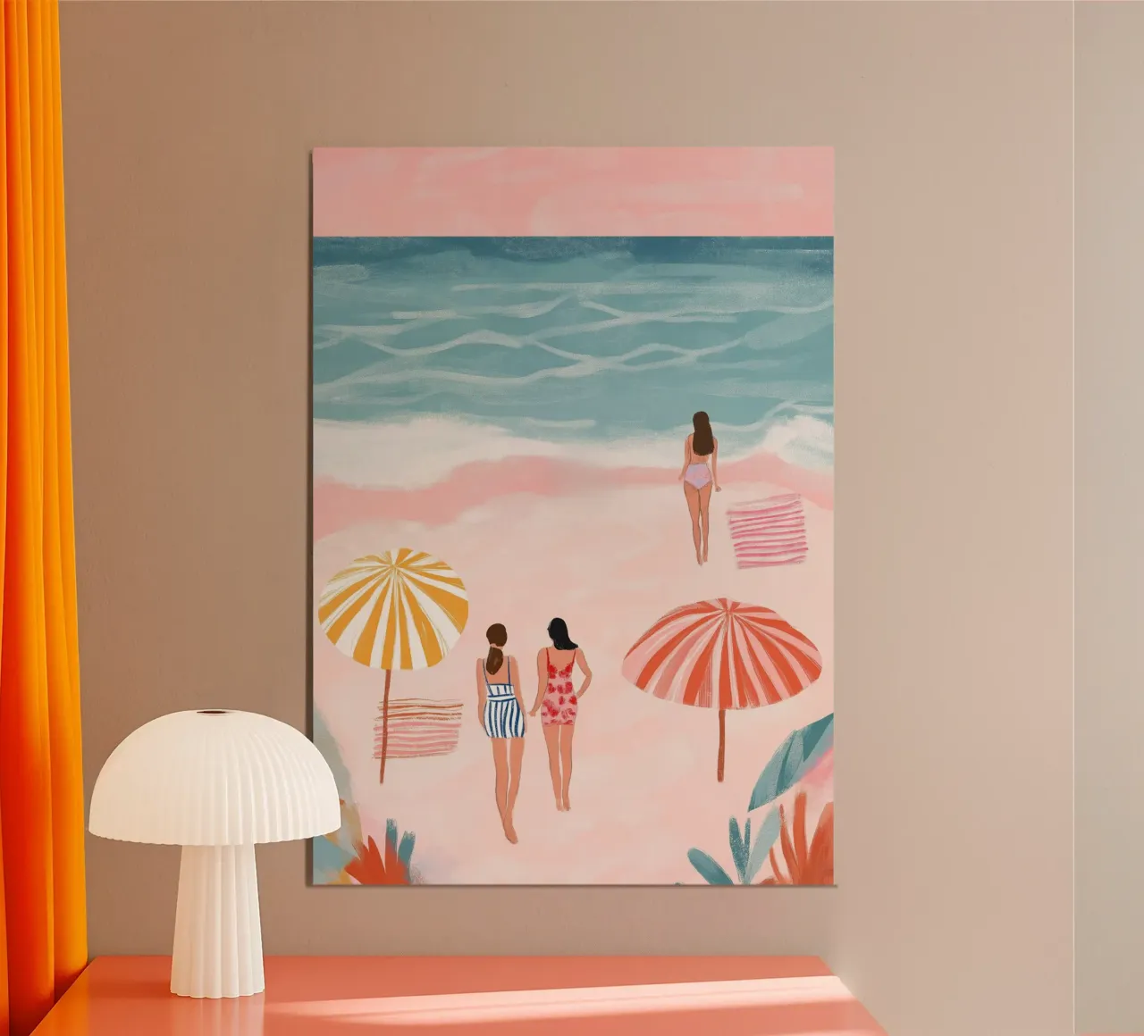Scena retrò sulla spiaggia, sabbia rosa, arte estiva poster con telaio in plastica da dawnthesea