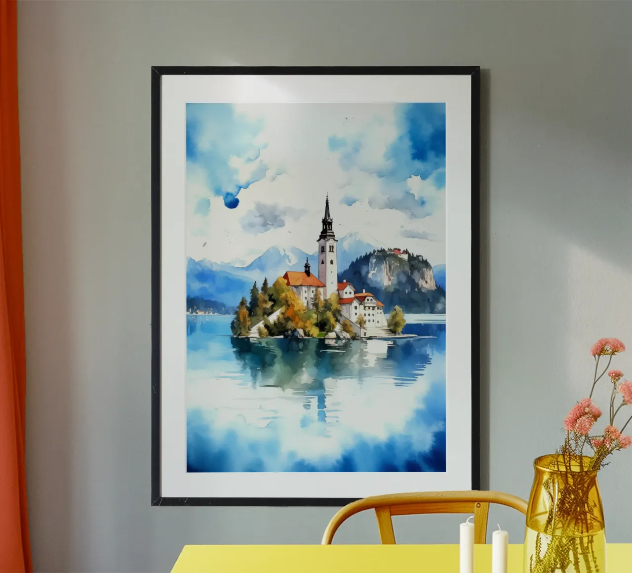 Lago di Bled Slovenia poster con telaio in alluminio da Cyberpunk Canvas