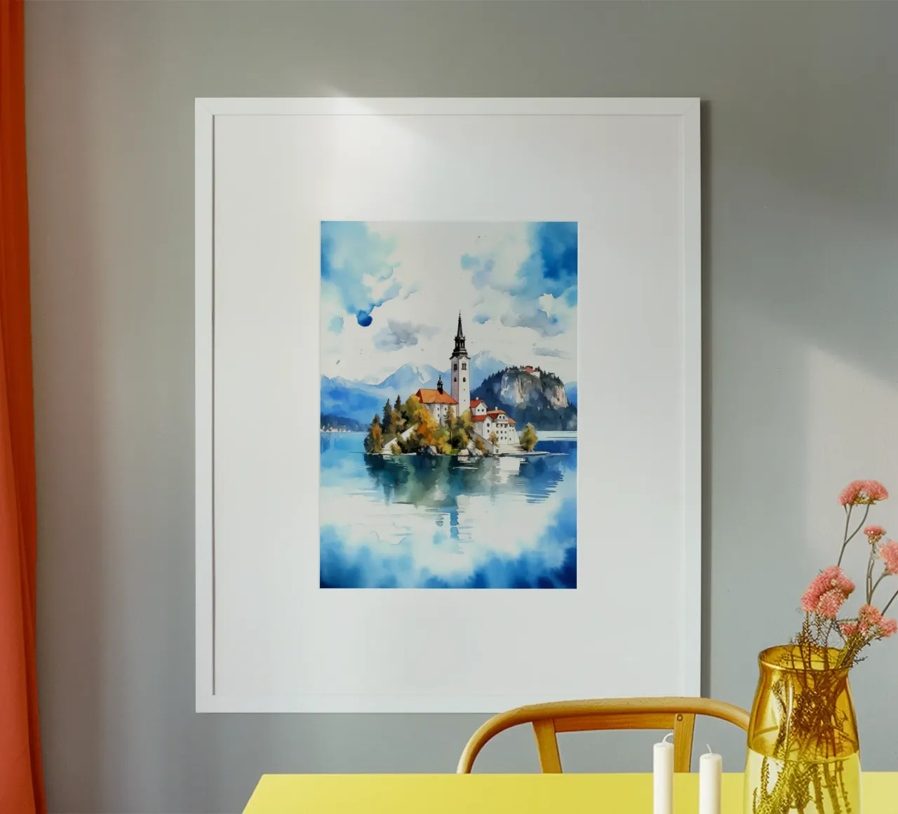 Lago di Bled Slovenia poster con telaio in alluminio da Cyberpunk Canvas
