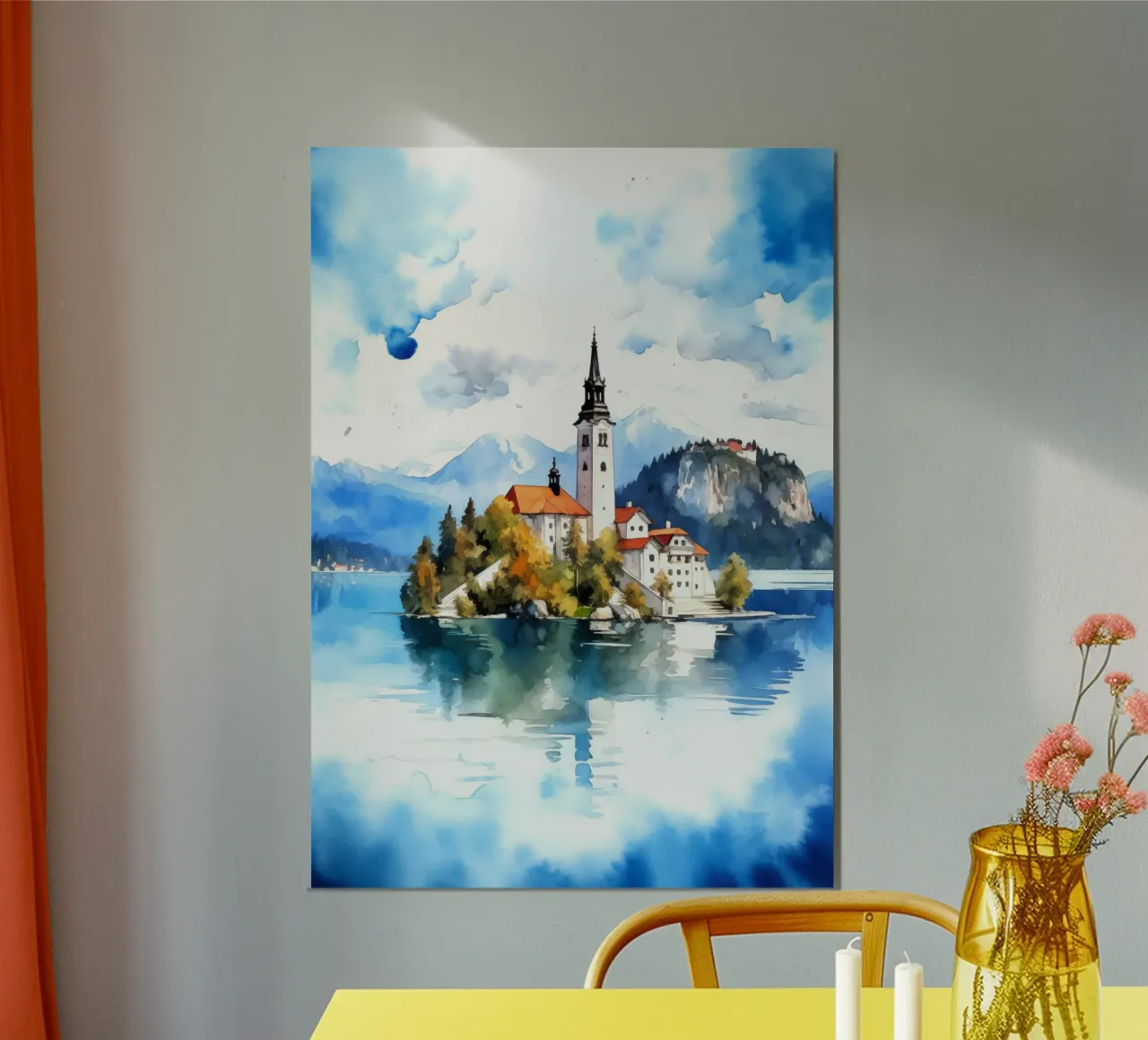 Lago di Bled Slovenia poster con telaio in alluminio da Cyberpunk Canvas