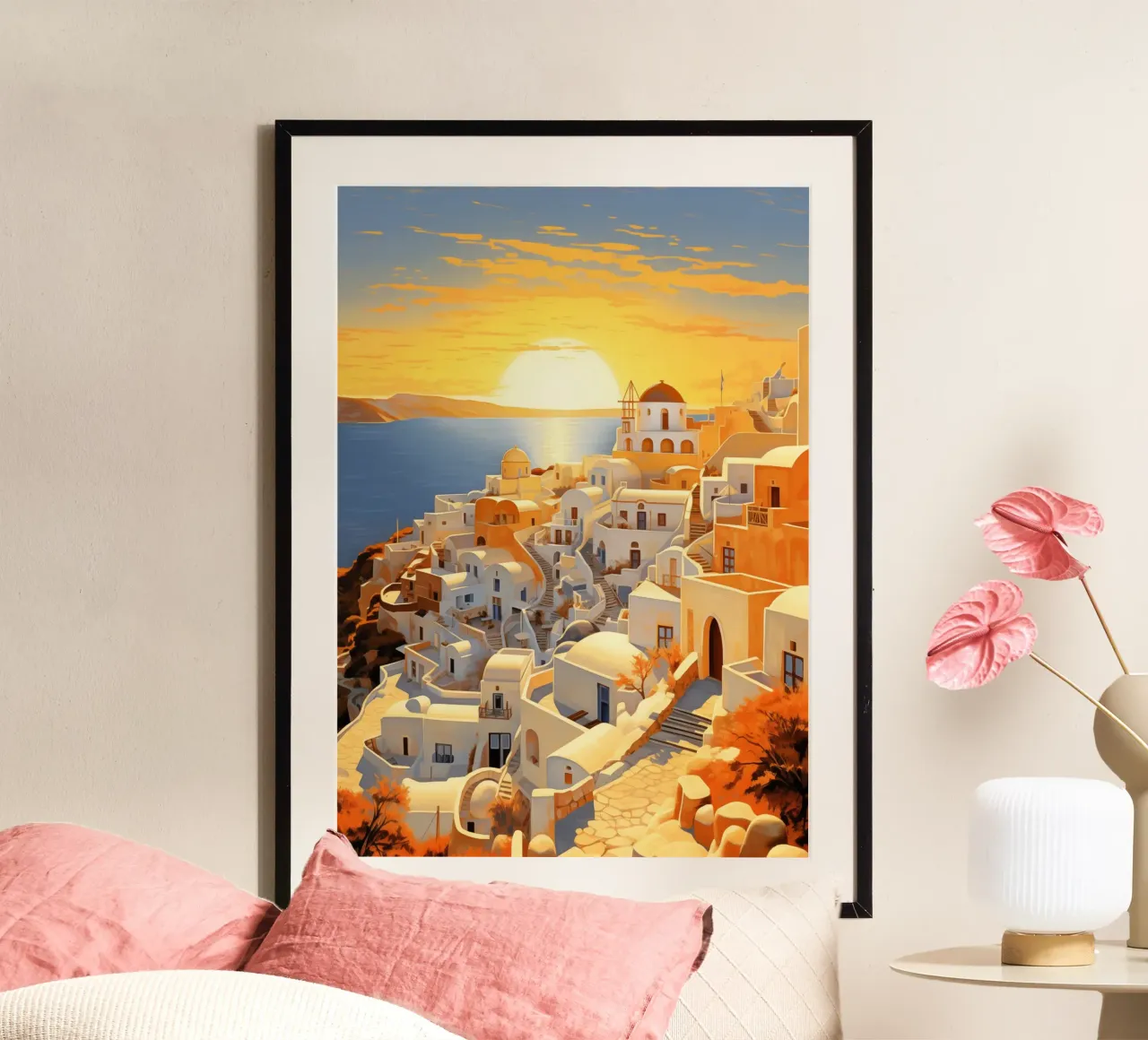 Santorini Griechenland Poster mit Kunststoffrahmen von Cyberpunk Canvas