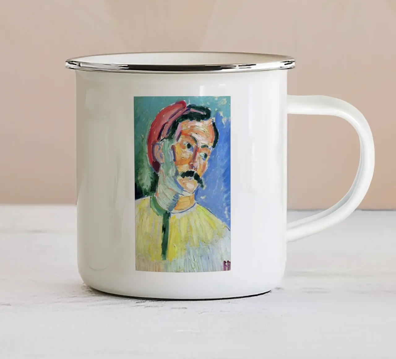 dipinto di un vecchio con i baffi tazza in smalto da briyan shop