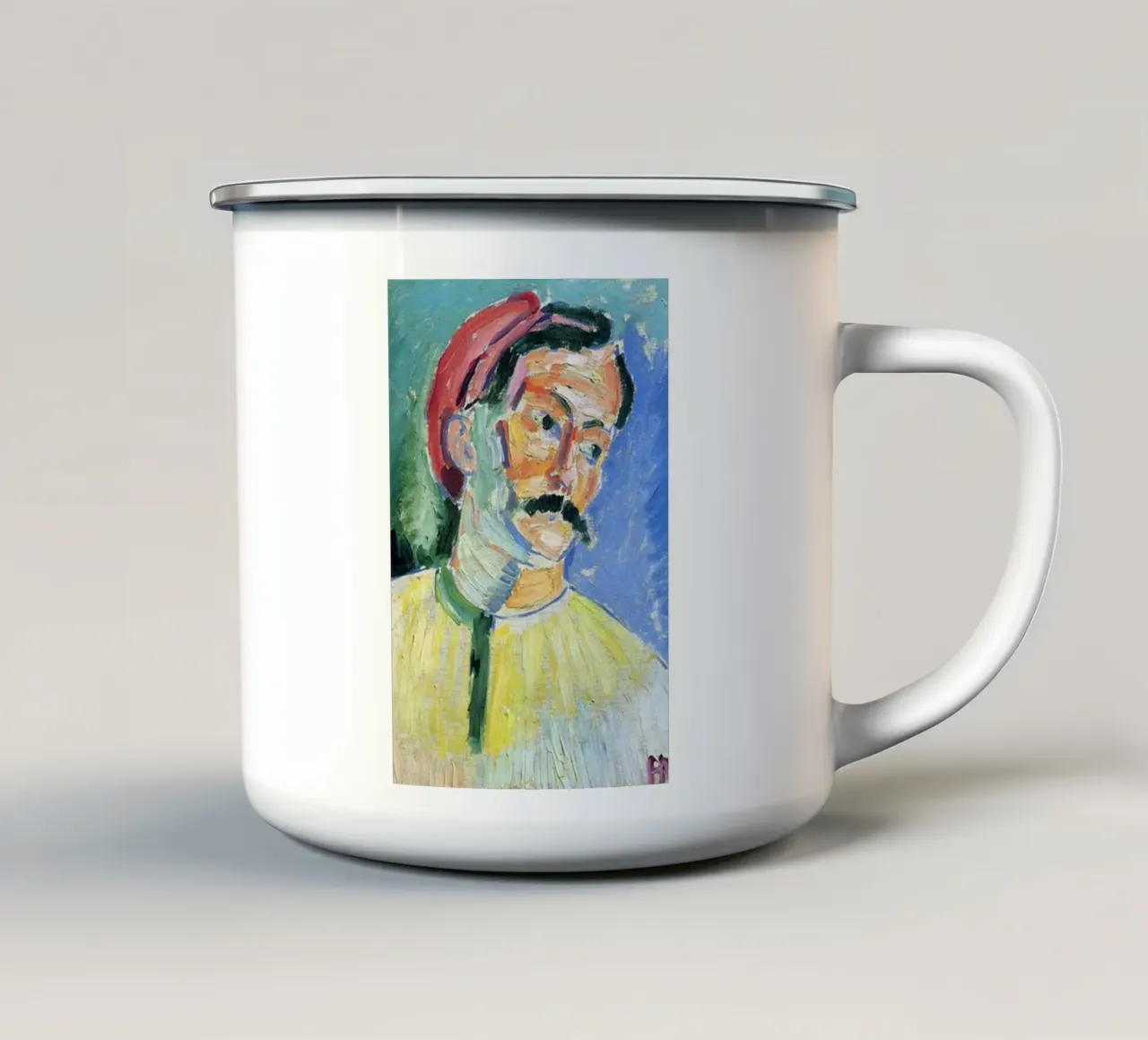 dipinto di un vecchio con i baffi tazza in smalto da briyan shop