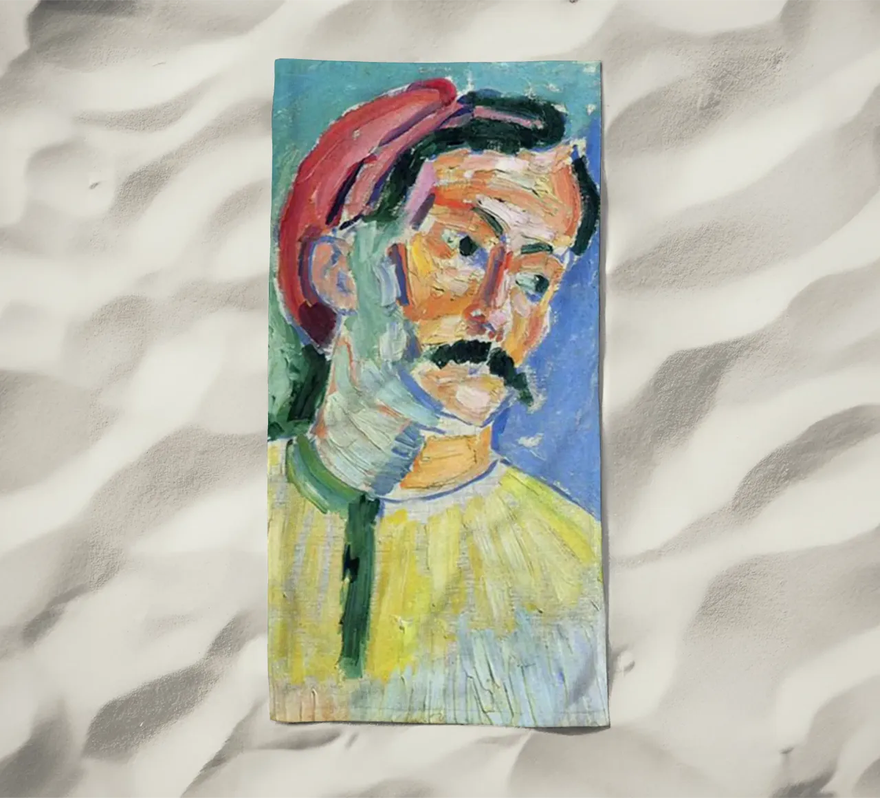 dipinto di un vecchio con i baffi telo mare da briyan shop