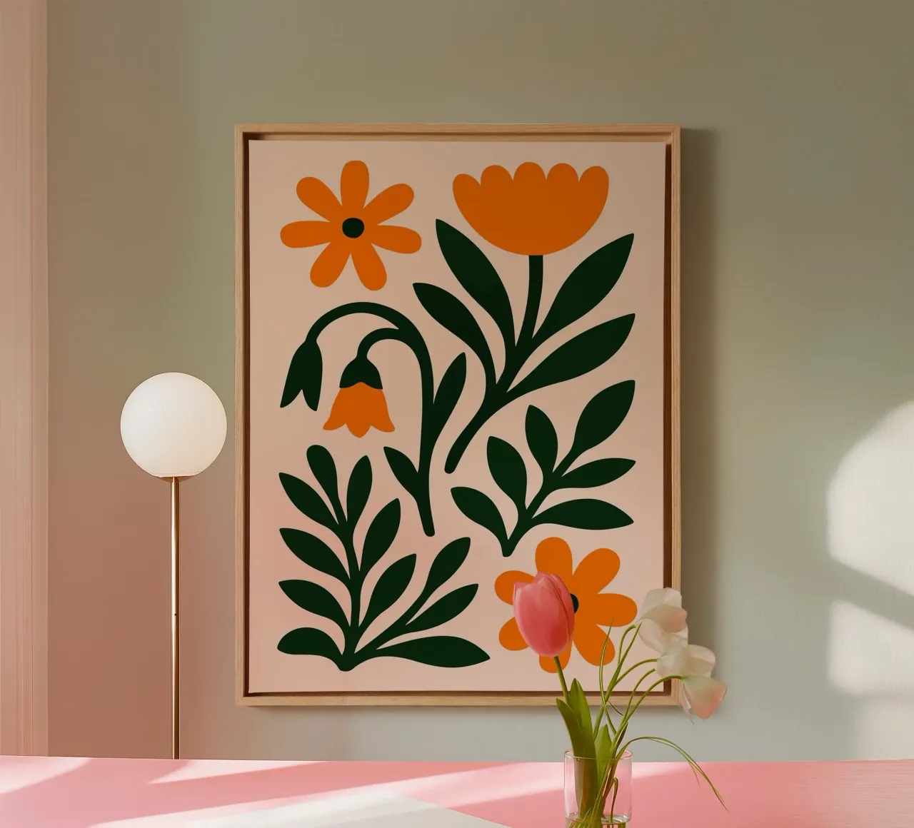 Bloemenillustratie met oranje bloemen en bladeren canvas met Baklijst van Sabine Klein