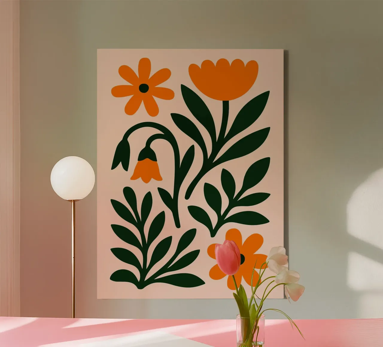 Bloemenillustratie met oranje bloemen en bladeren canvas met Baklijst van Sabine Klein
