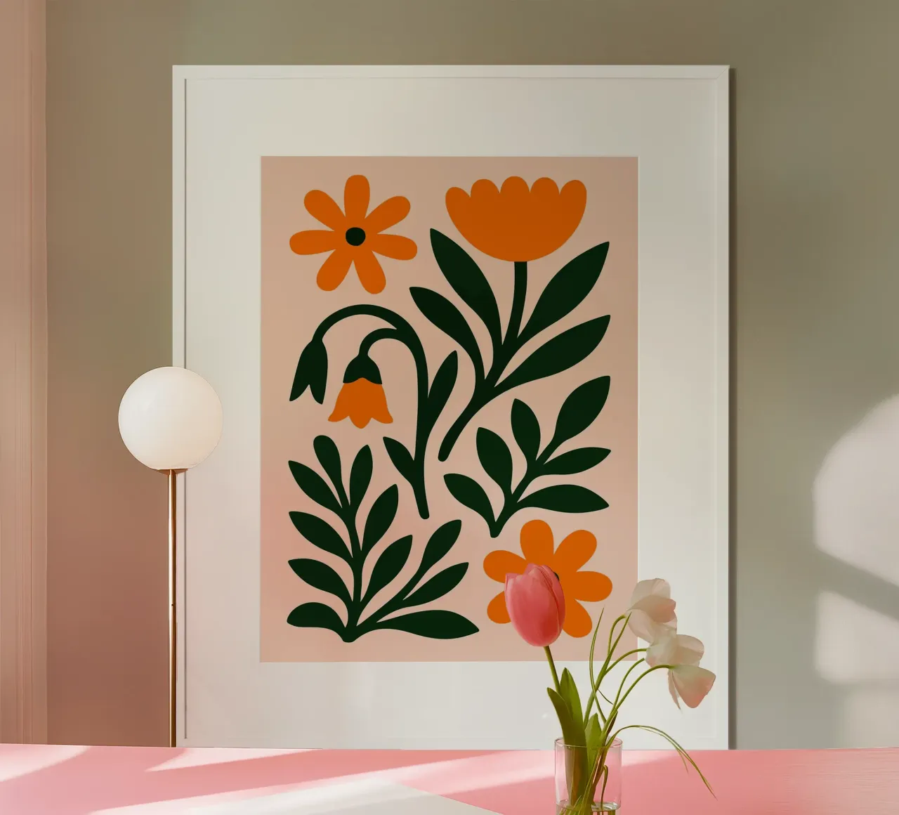 Illustrazione floreale con fiori e foglie arancioni poster con telaio in plastica da Sabine Klein