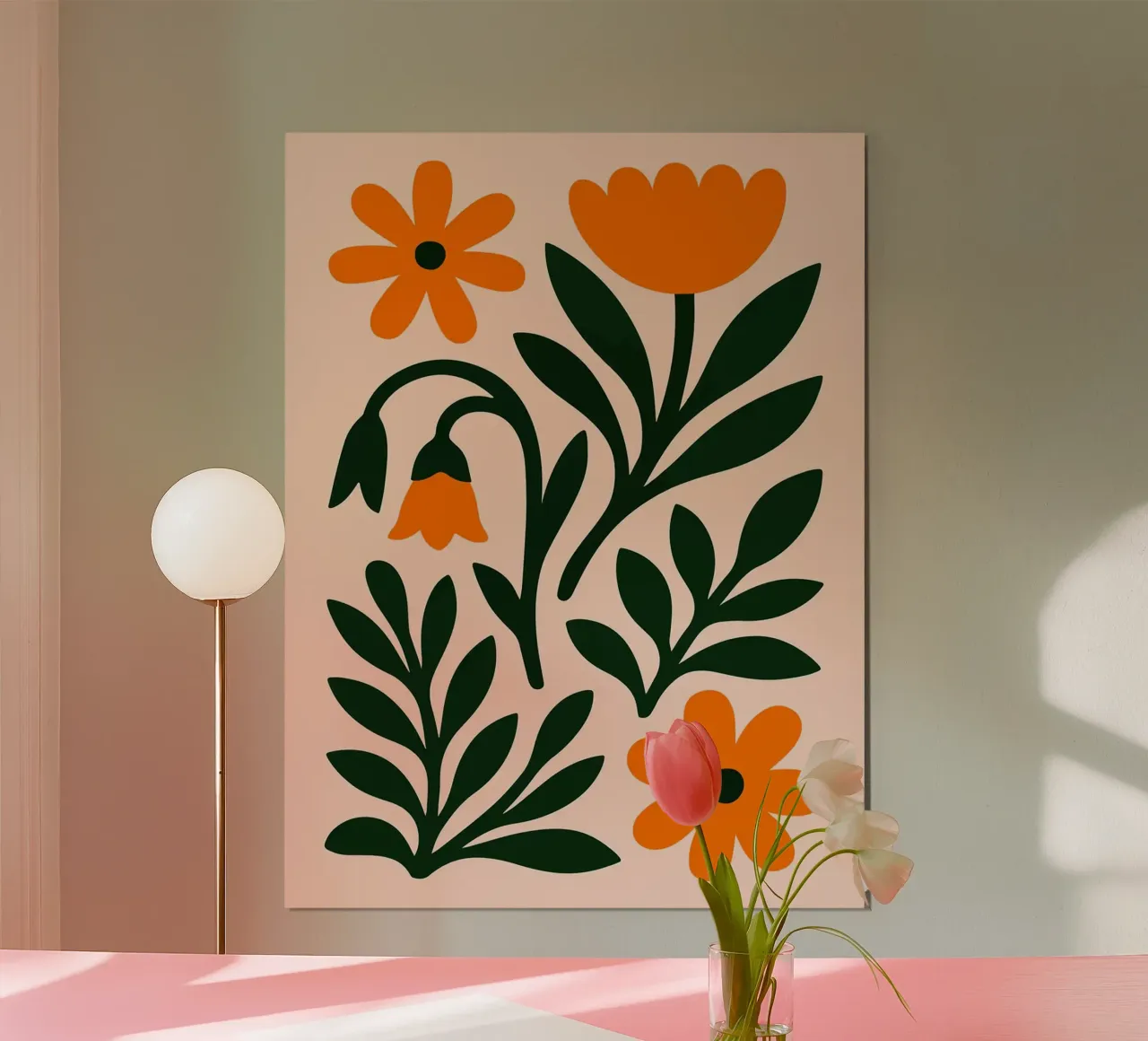 Illustrazione floreale con fiori e foglie arancioni poster con telaio in plastica da Sabine Klein