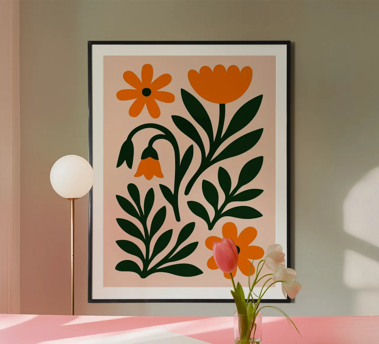 Illustrazione floreale con fiori e foglie arancioni poster con telaio in plastica da Sabine Klein