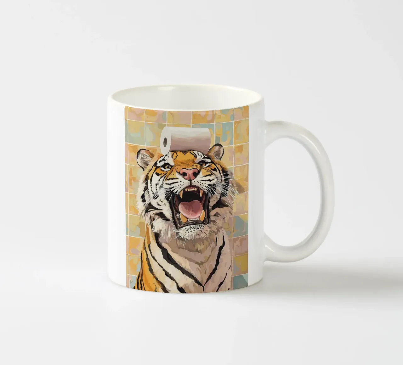 Tigre con carta igienica in testa tazza in ceramica da Sabine Klein