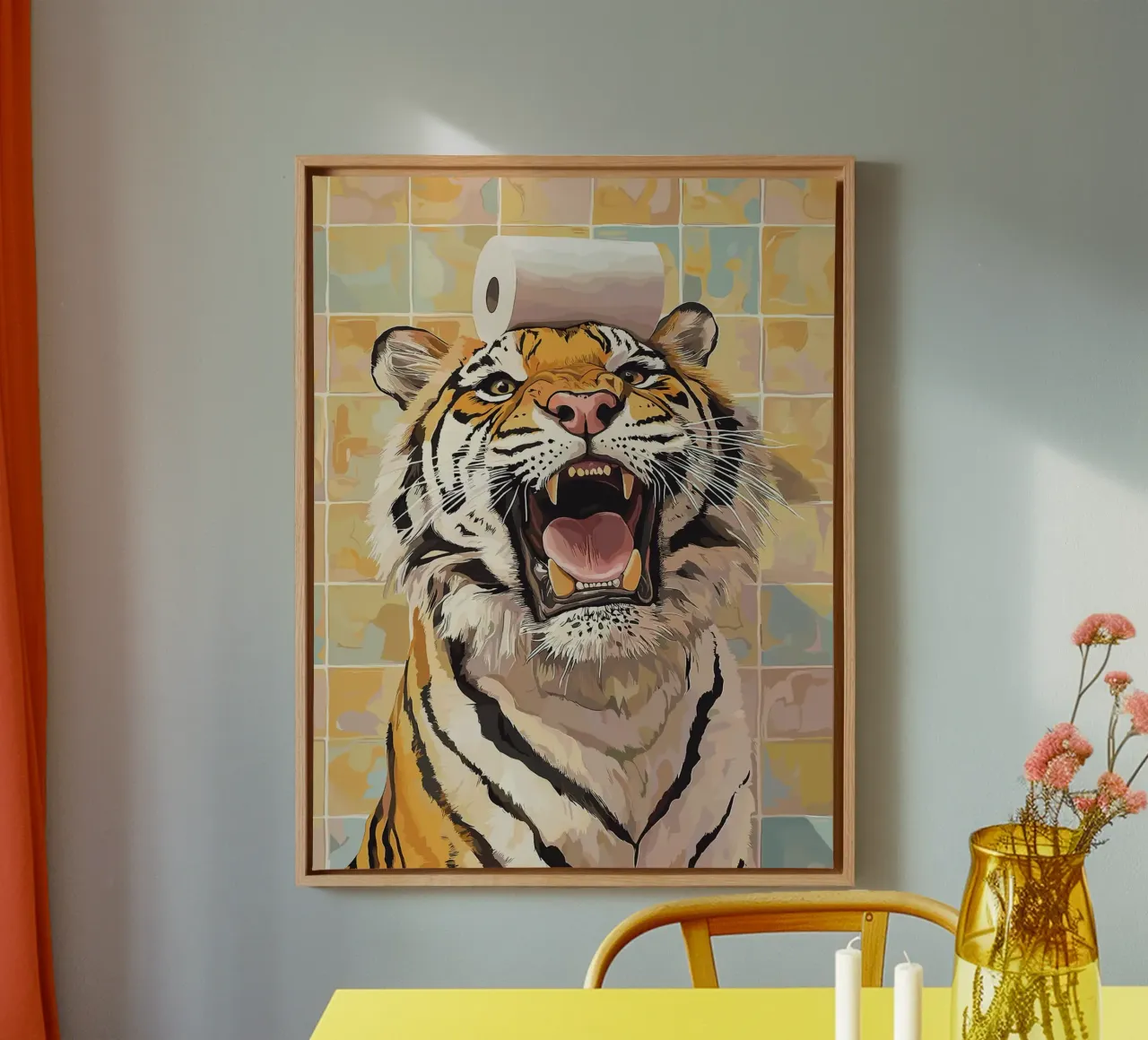 Tiger with Toilet Paper on Head canvas with Floater frame by Sabine Klein