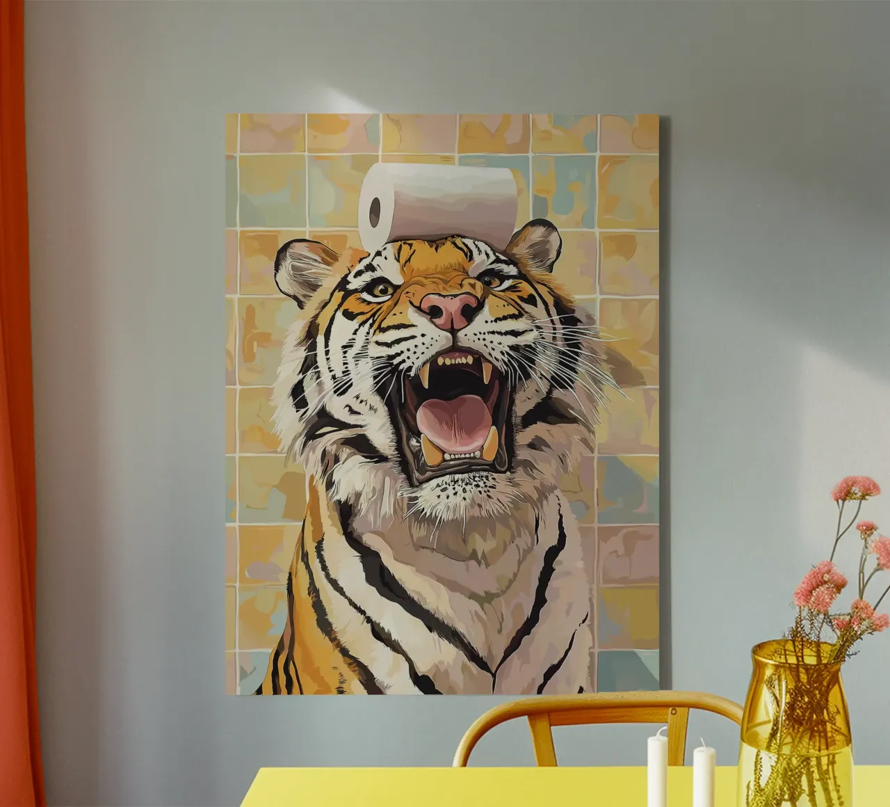 Tiger with Toilet Paper on Head canvas with Floater frame by Sabine Klein