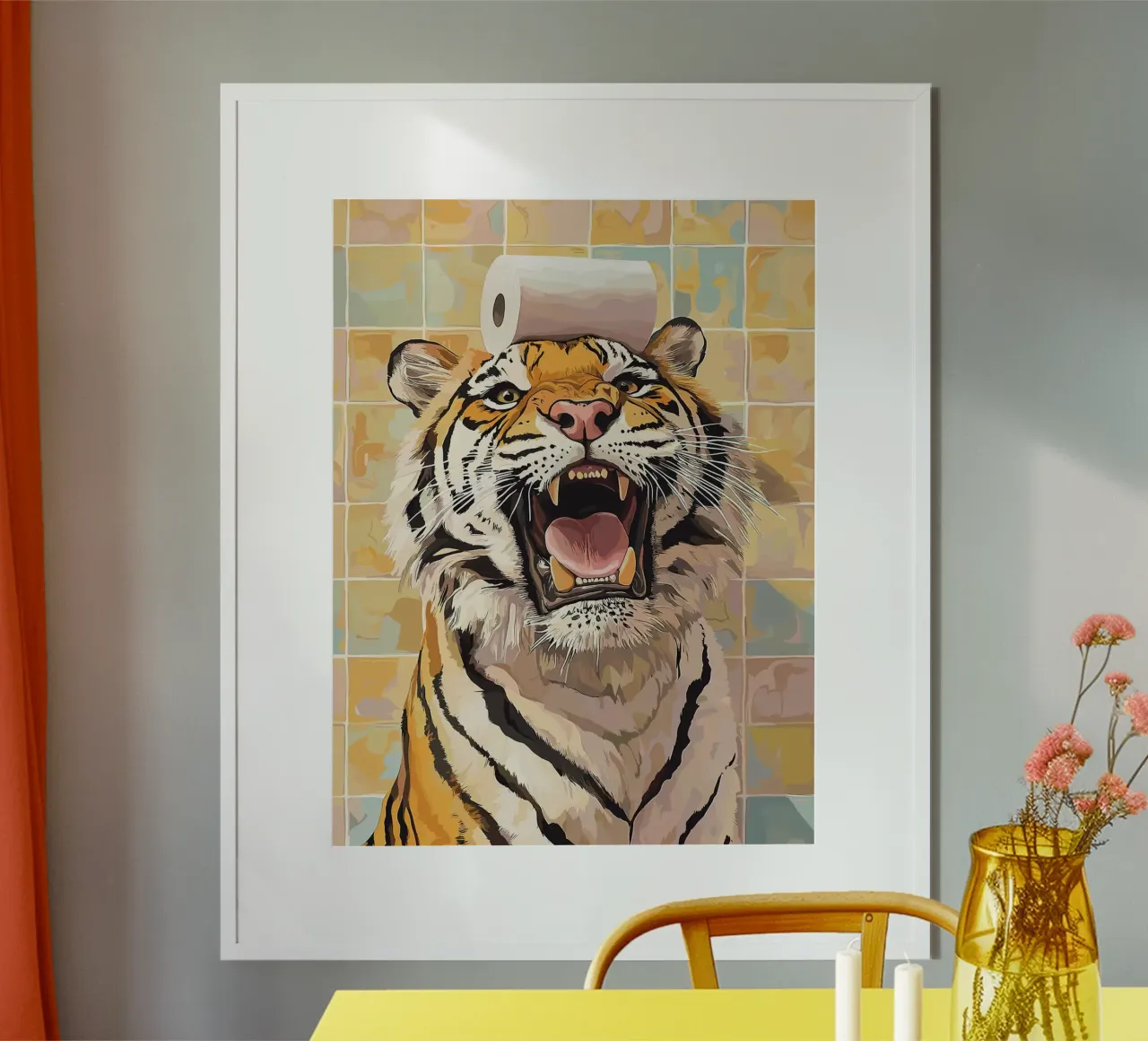 Tigre con carta igienica in testa poster con telaio in alluminio da Sabine Klein