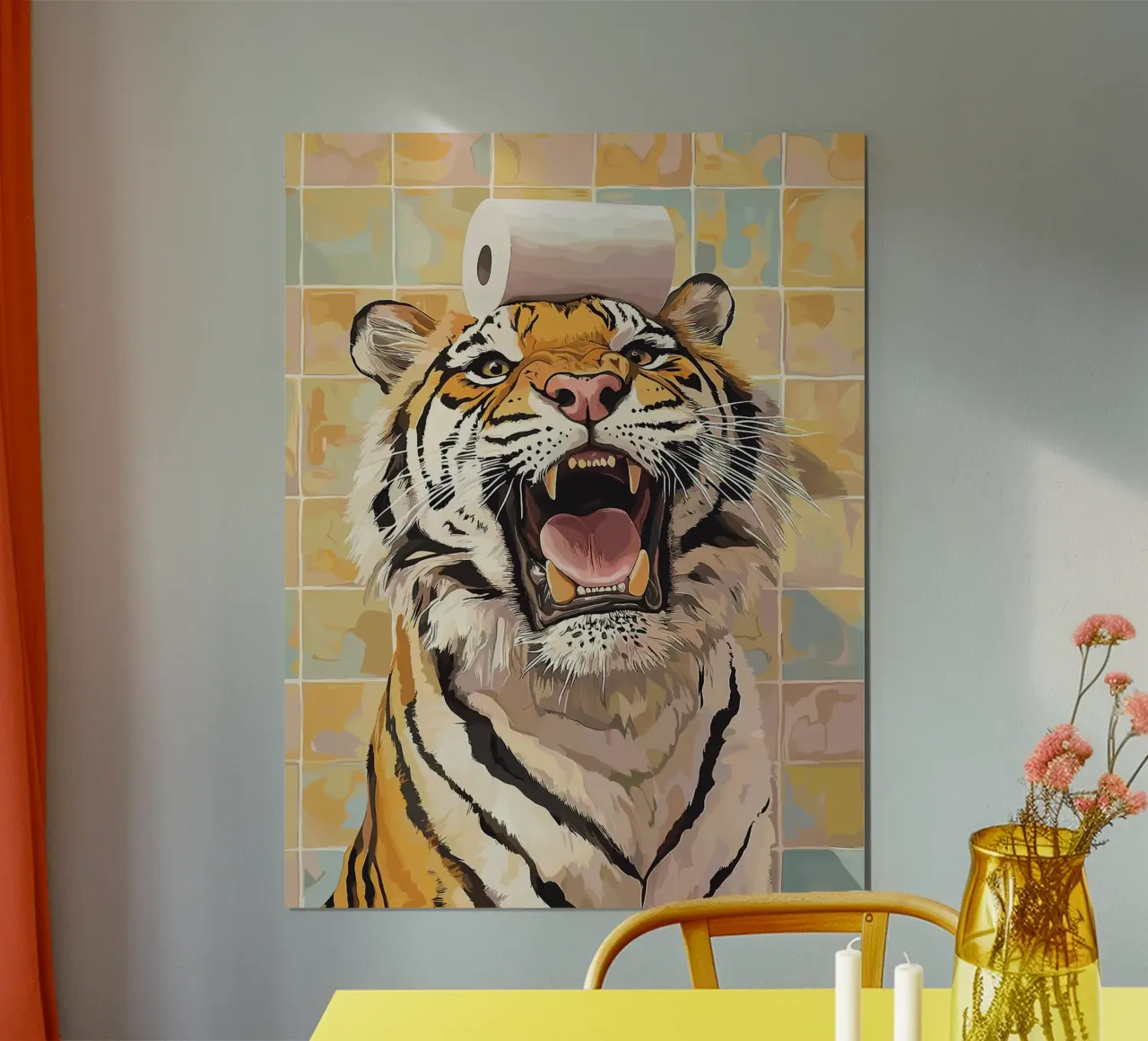 Tigre con carta igienica in testa poster con telaio in alluminio da Sabine Klein