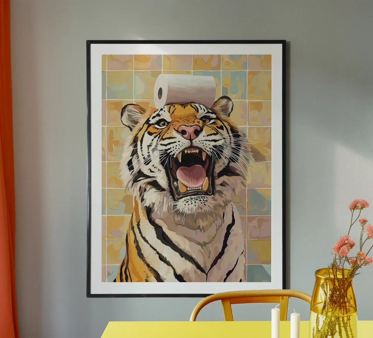 Tigre con carta igienica in testa poster con telaio in alluminio da Sabine Klein