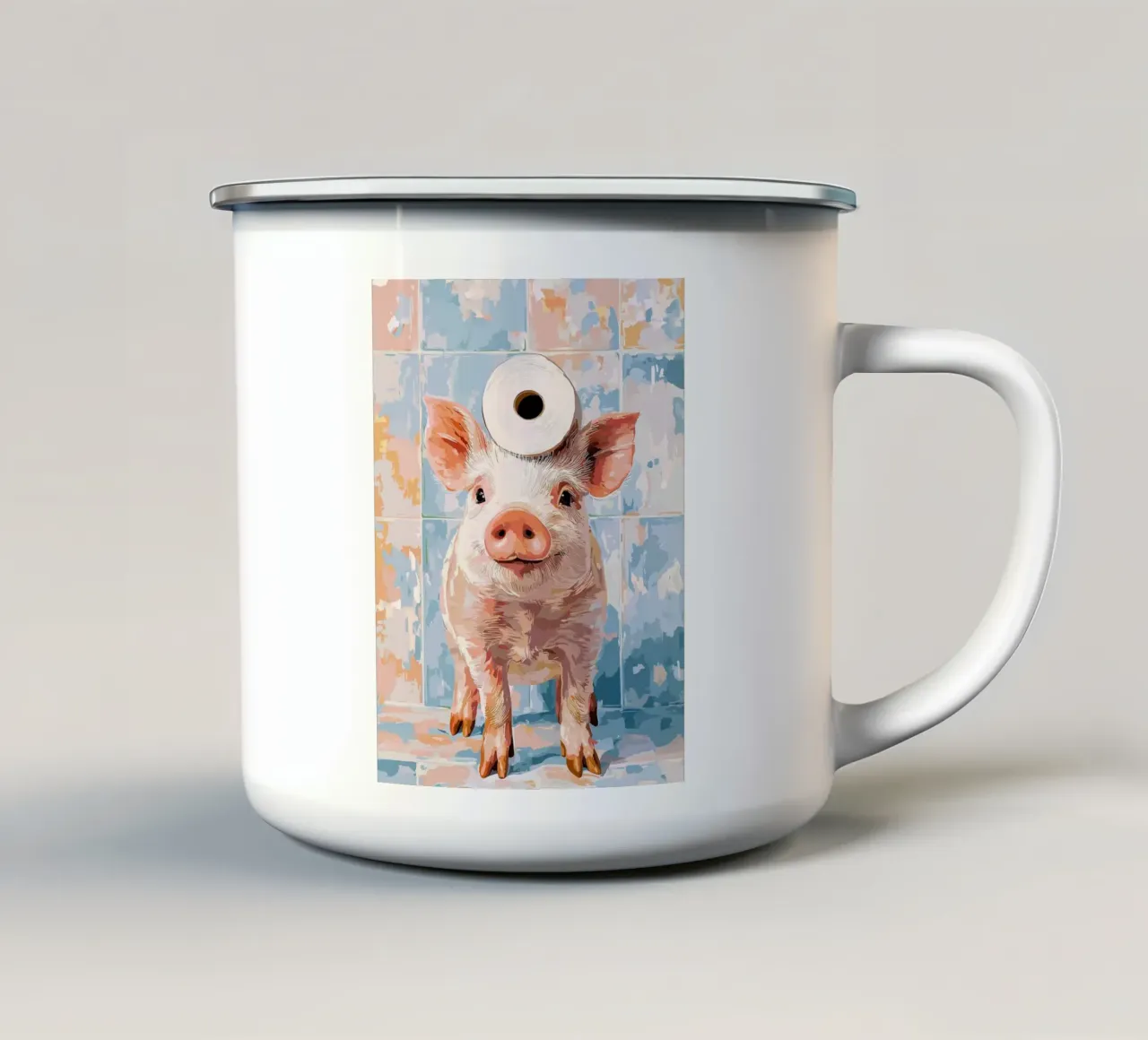 Maiale con carta igienica in testa tazza in smalto da Sabine Klein
