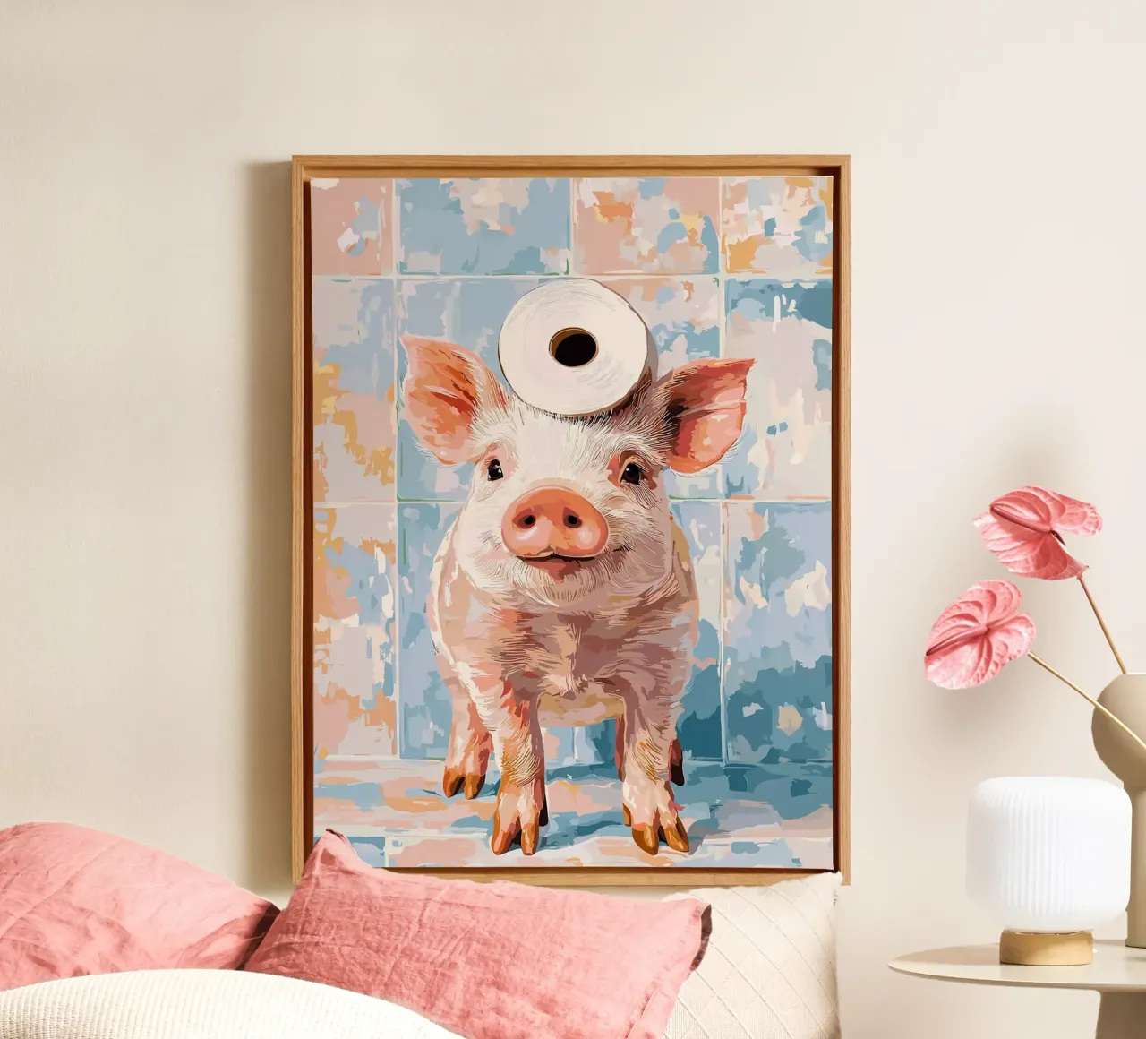 Pig with Toilet Paper on Head canvas with Floater frame by Sabine Klein