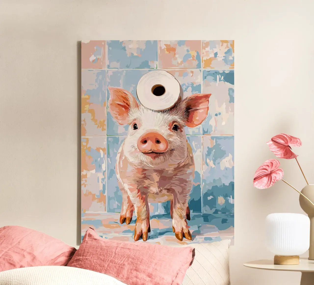 Pig with Toilet Paper on Head canvas with Floater frame by Sabine Klein
