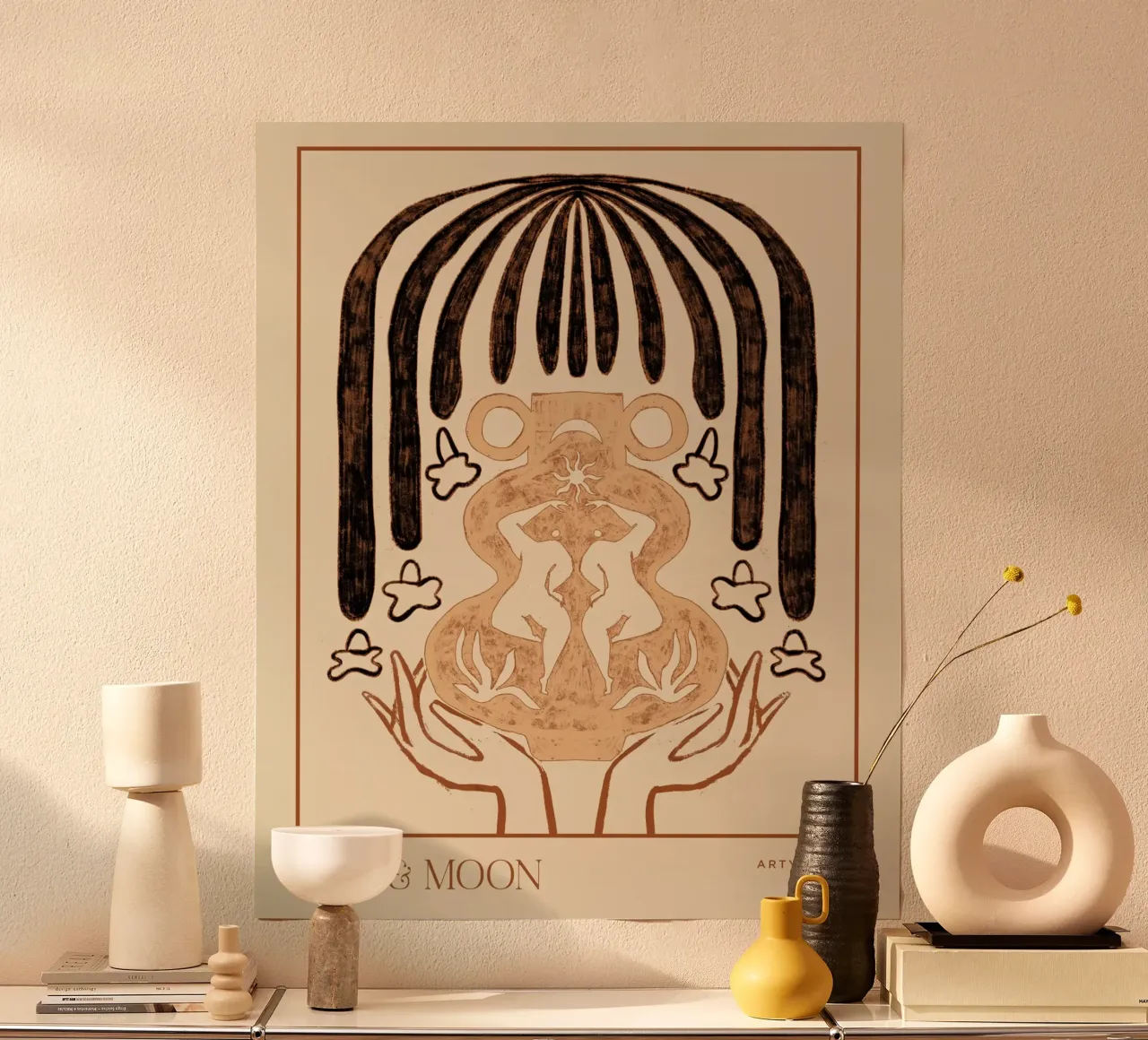 Vessel Collection, Sun and Moon Line Art poster con telaio in legno da Arty Guava