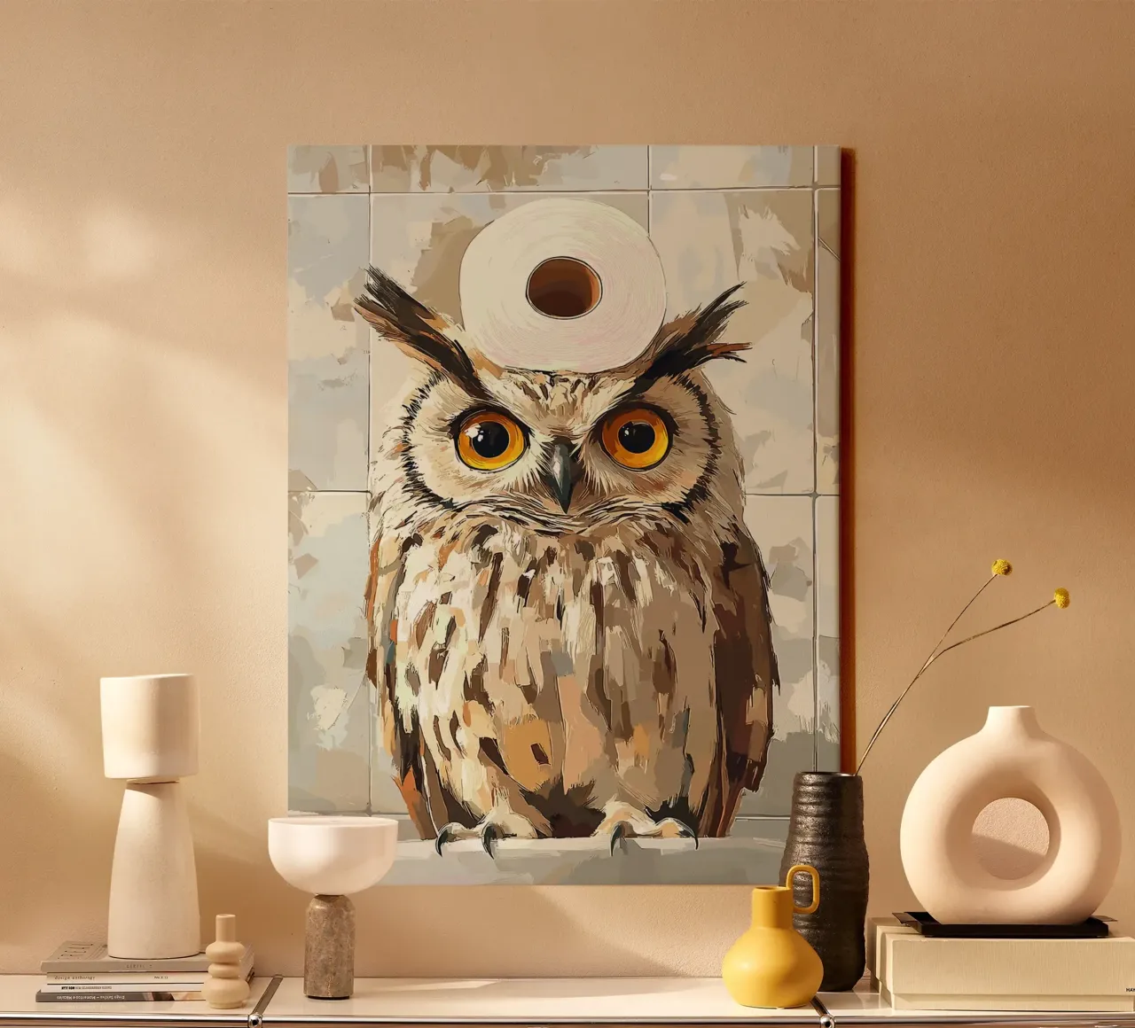 Uil met wc-hoed canvas met Baklijst van Sabine Klein