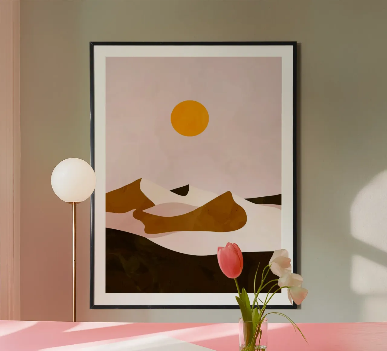 Paesaggio desertico minimalista con sole poster con telaio in alluminio da Sabine Klein