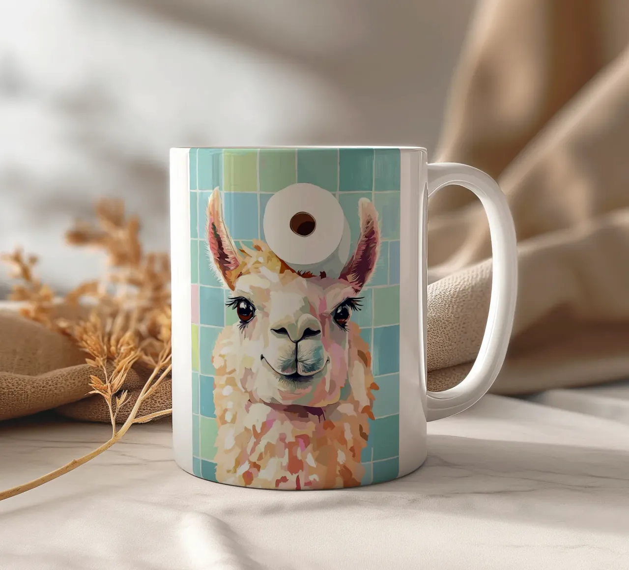 Lama con carta igienica in testa tazza in ceramica da Sabine Klein