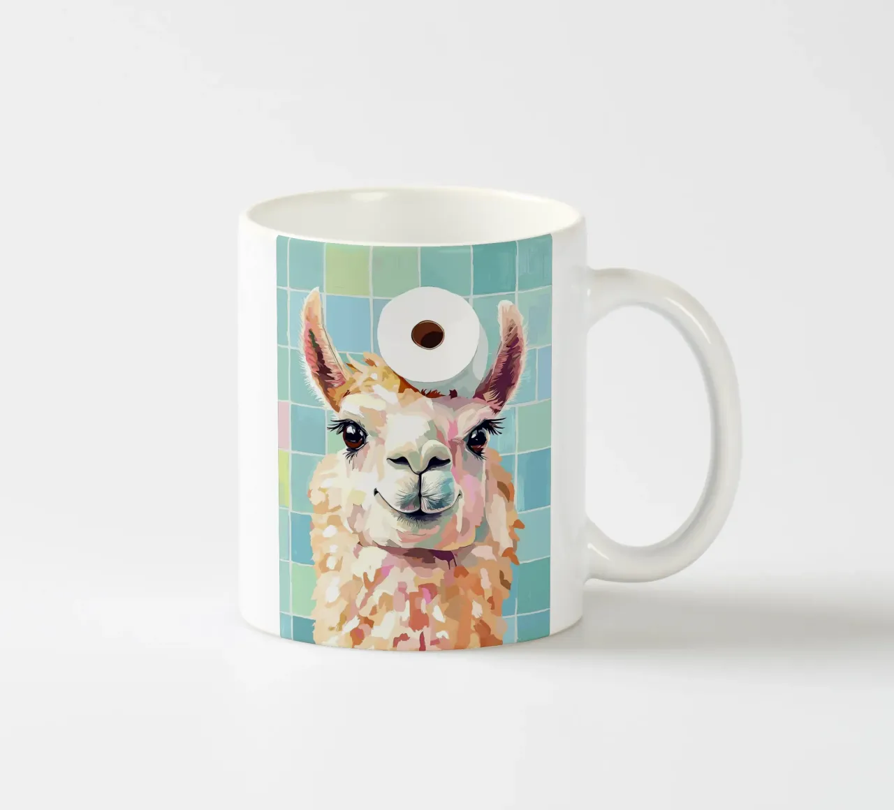 Lama con carta igienica in testa tazza in ceramica da Sabine Klein