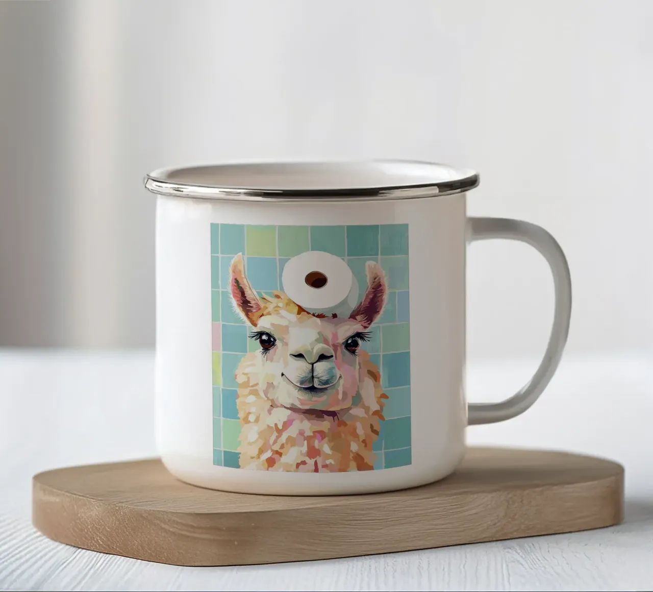 Lama con carta igienica in testa tazza in smalto da Sabine Klein