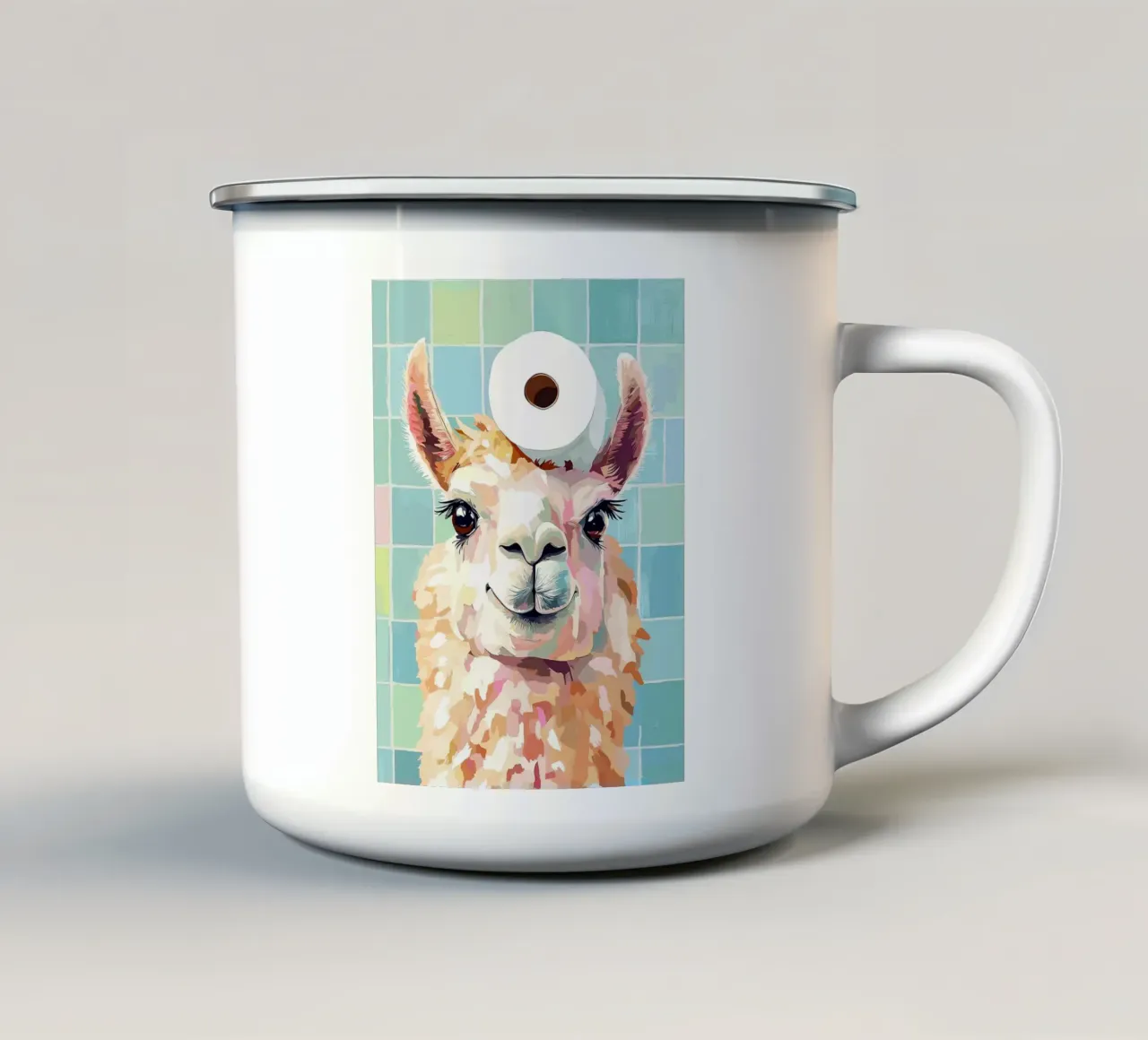 Lama con carta igienica in testa tazza in smalto da Sabine Klein