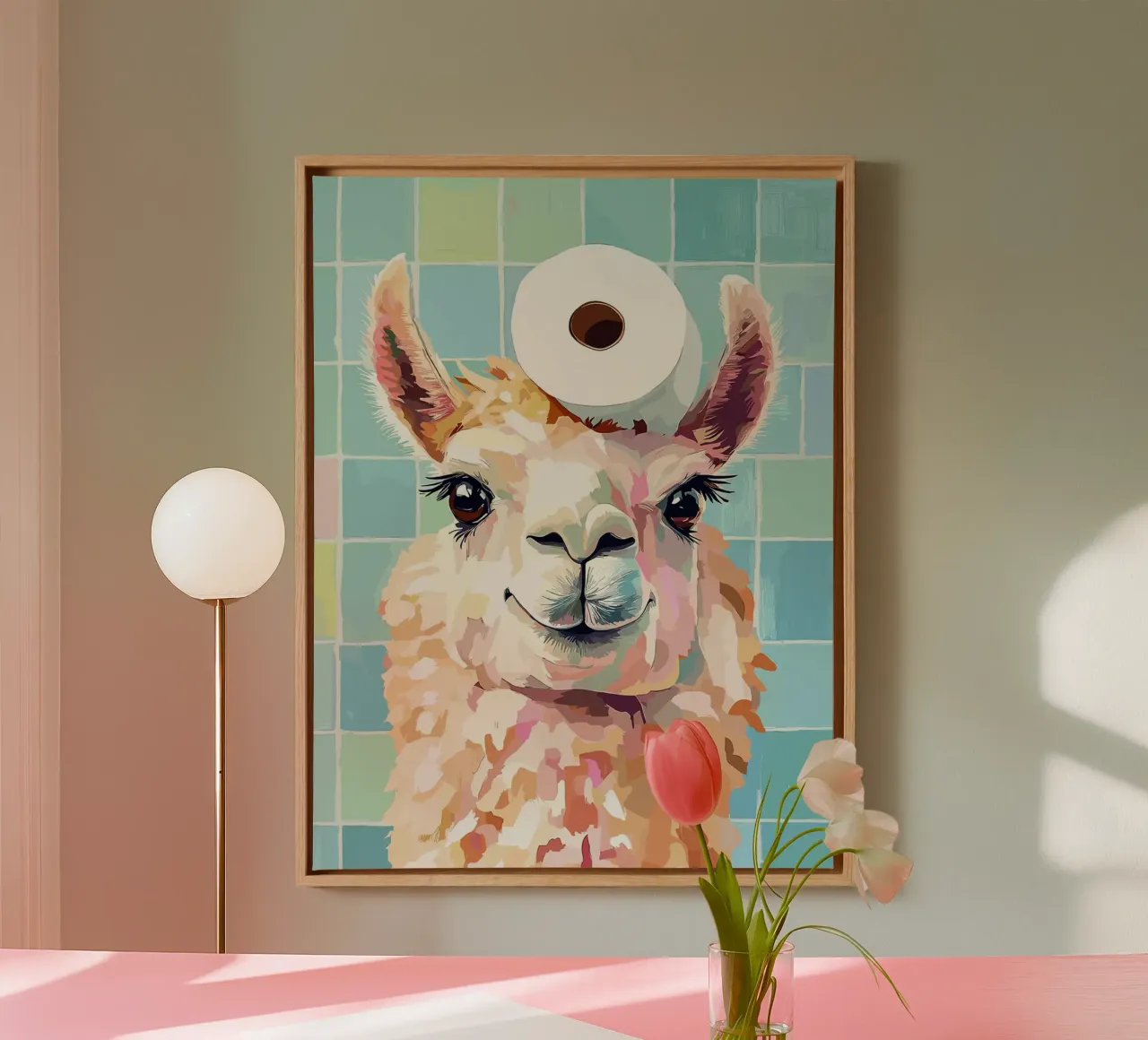 Llama with Toilet Paper on Head canvas with Floater frame by Sabine Klein