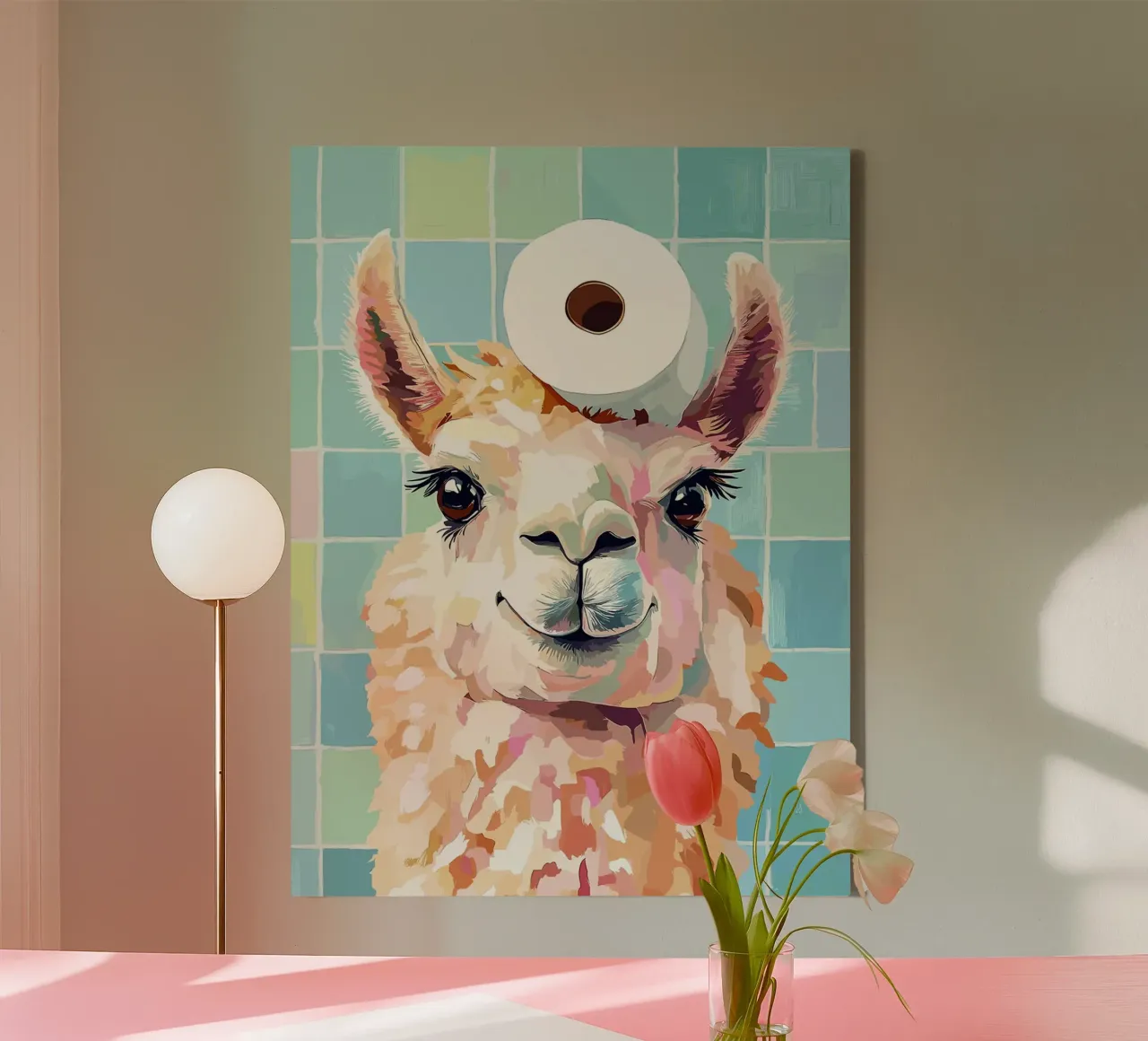Llama with Toilet Paper on Head canvas with Floater frame by Sabine Klein