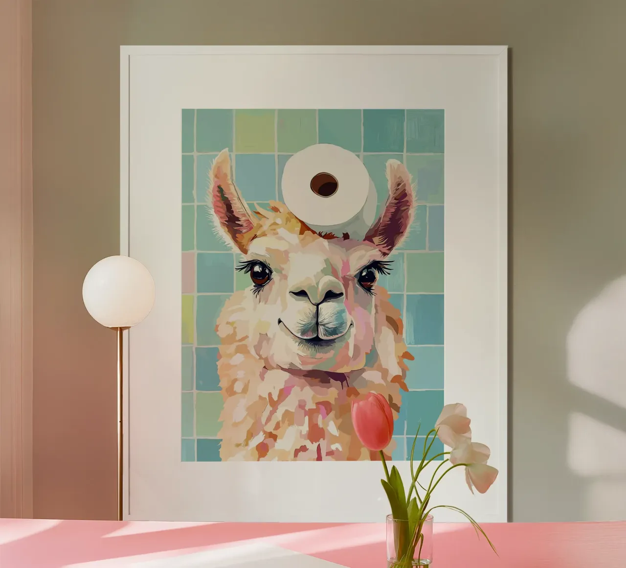 Lama con carta igienica in testa poster con telaio in alluminio da Sabine Klein