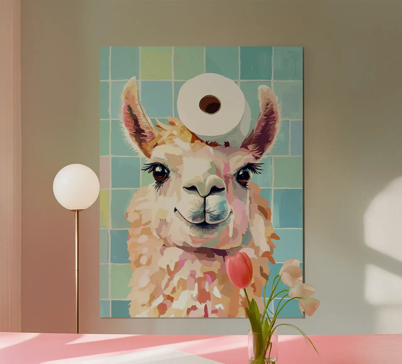 Lama con carta igienica in testa poster con telaio in alluminio da Sabine Klein
