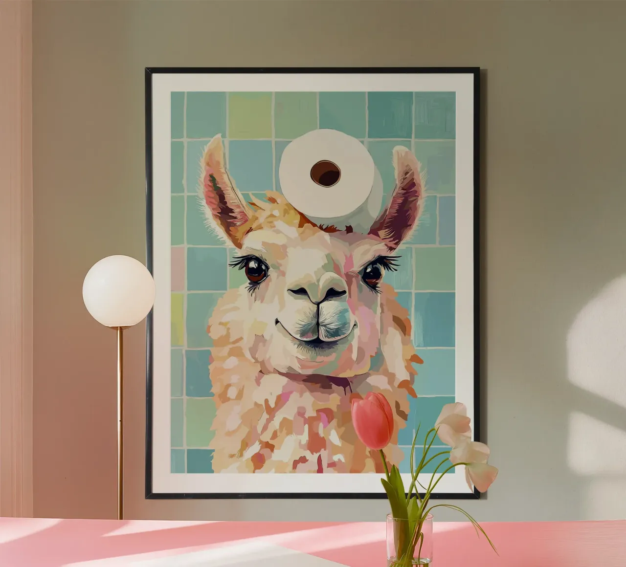 Lama con carta igienica in testa poster con telaio in alluminio da Sabine Klein