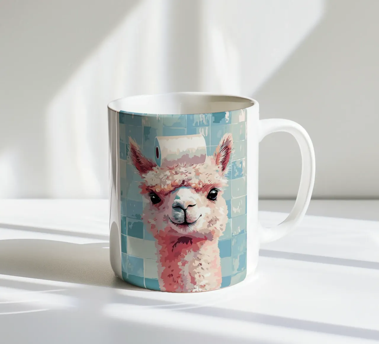 Lama con carta igienica in testa tazza in ceramica da Sabine Klein