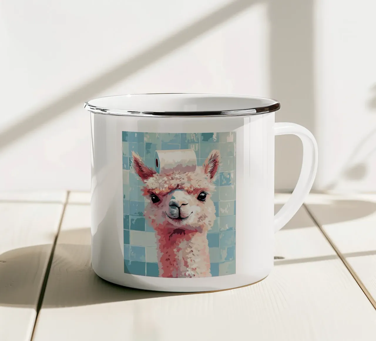 Lama con carta igienica in testa tazza in smalto da Sabine Klein