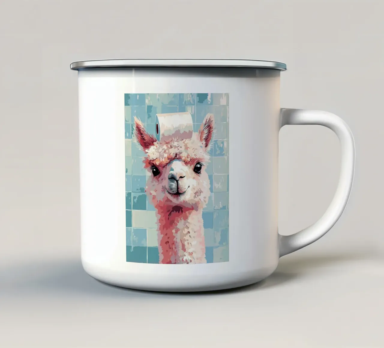 Lama con carta igienica in testa tazza in smalto da Sabine Klein