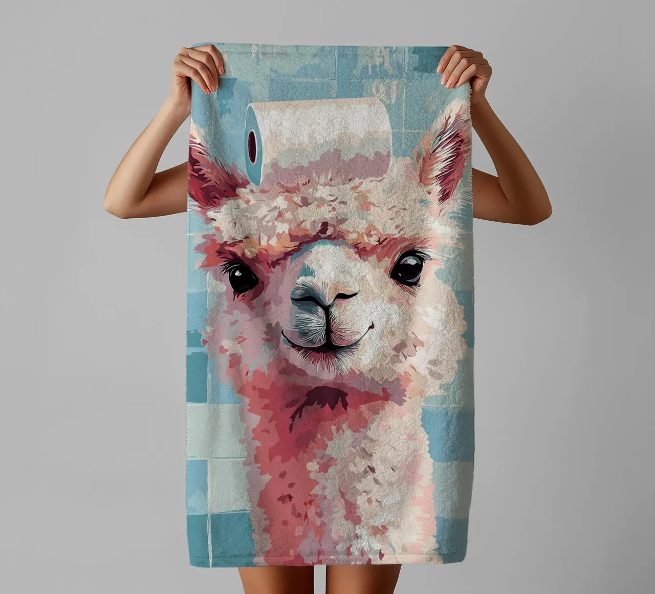 Lama con carta igienica in testa asciugamano da bagno da Sabine Klein
