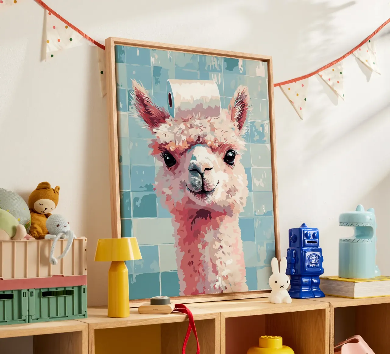 Llama with Toilet Paper on Head canvas with Floater frame by Sabine Klein