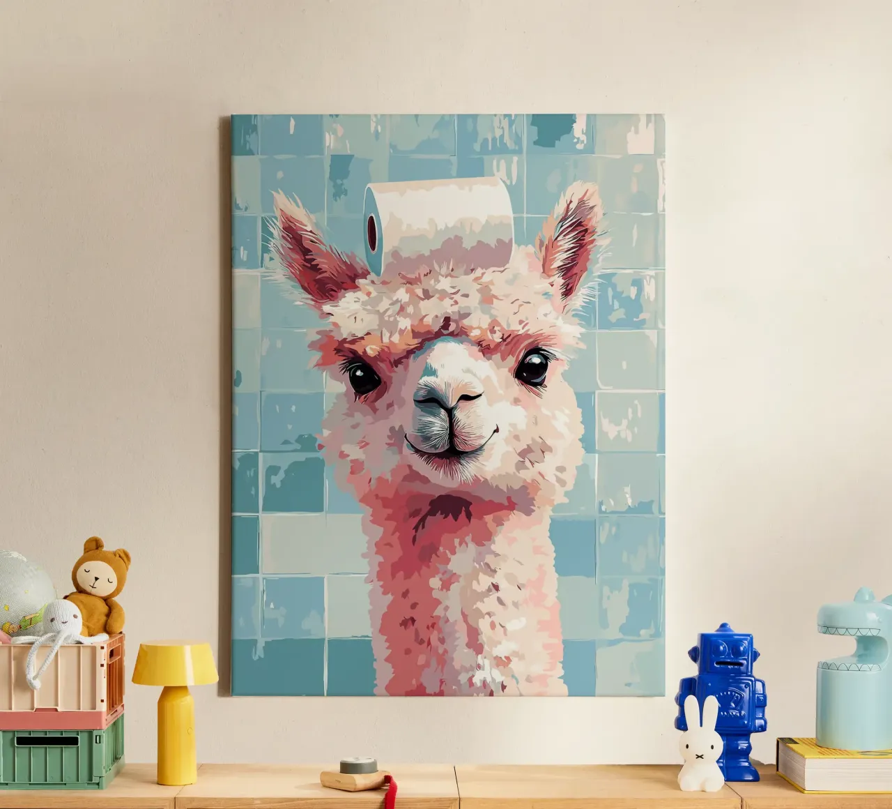 Llama with Toilet Paper on Head canvas with Floater frame by Sabine Klein