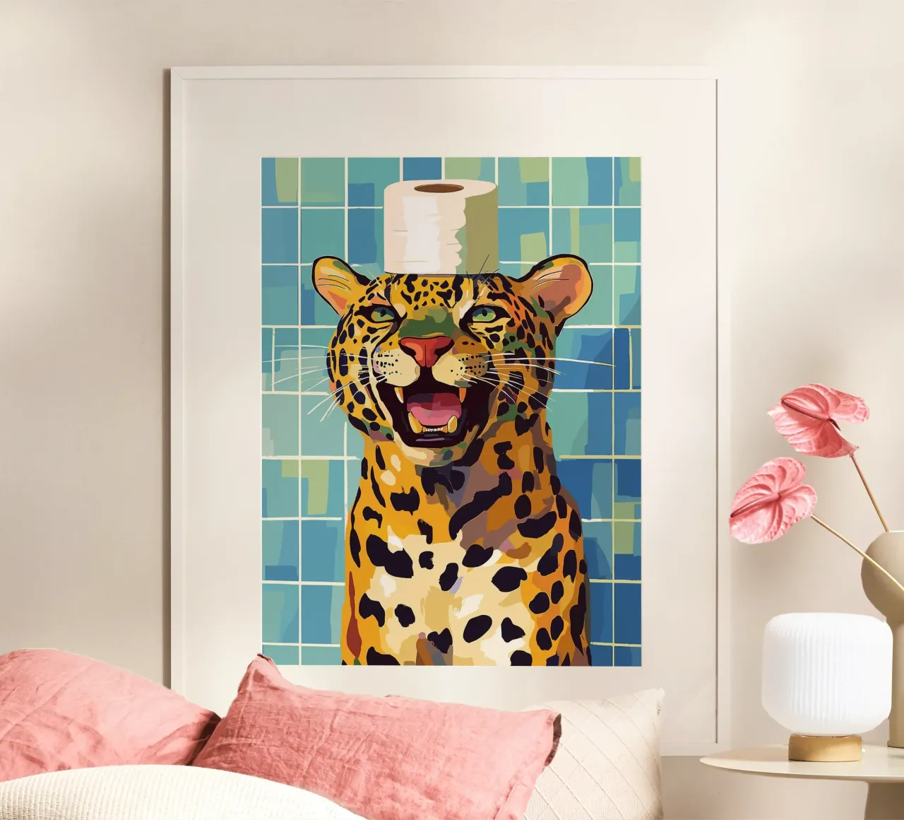 Leopard mit Toilettenpapierhut Poster von Sabine Klein
