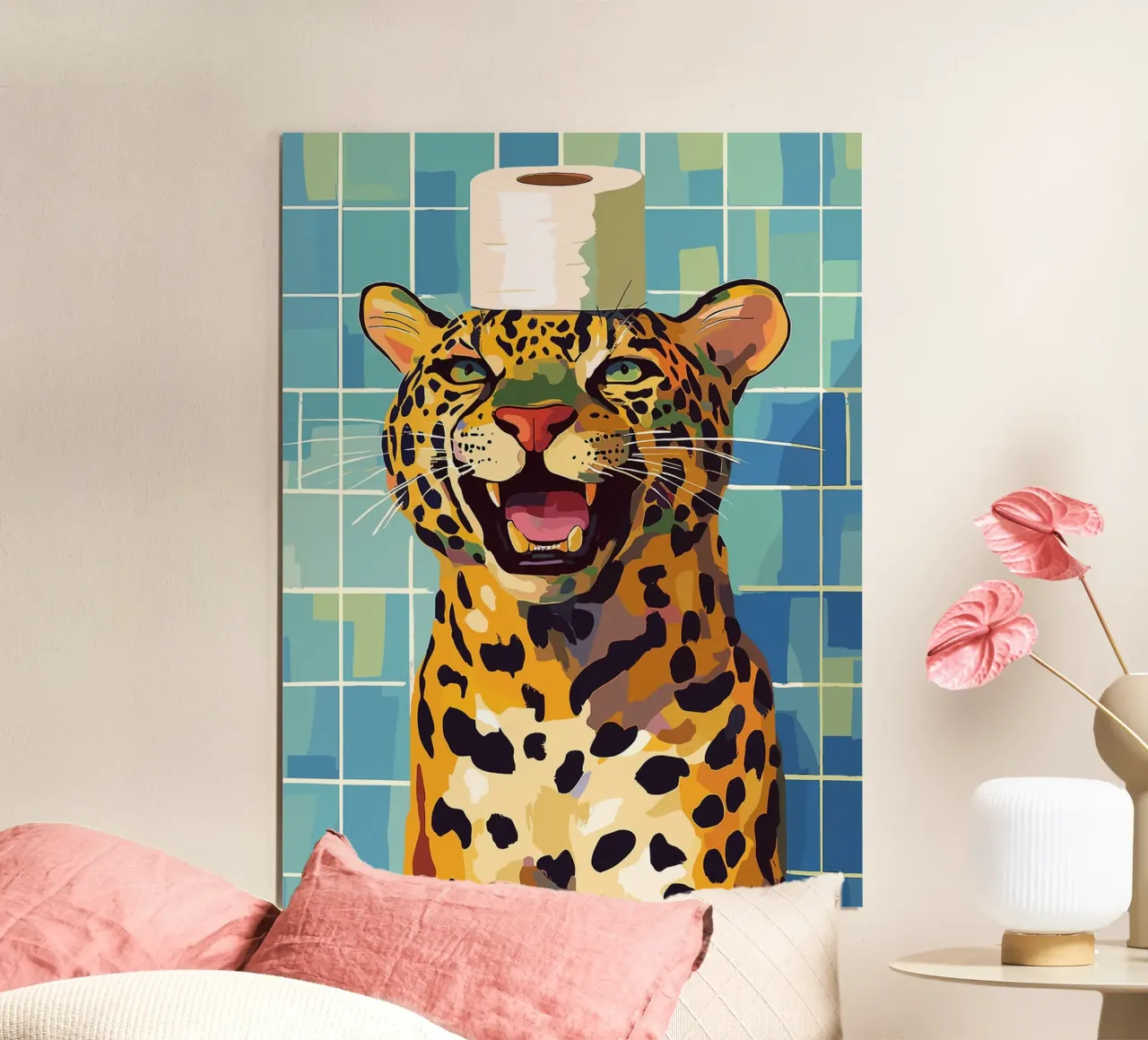 Leopard mit Toilettenpapierhut Poster von Sabine Klein